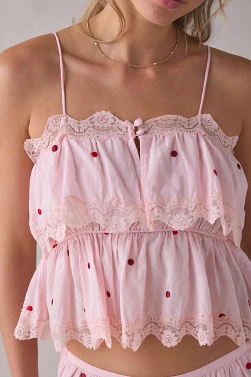 RAHI Embroidered Polka Dot Ruffle Babydoll Cami