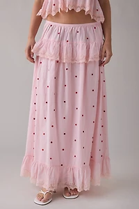 RAHI Embroidered Polka Dot Ruffle Tiered Maxi Skirt