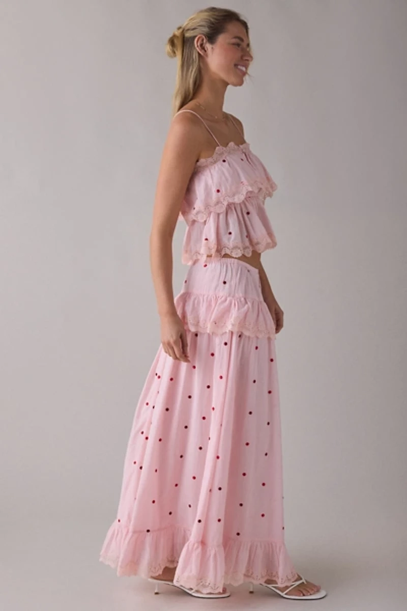 RAHI Embroidered Polka Dot Ruffle Tiered Maxi Skirt