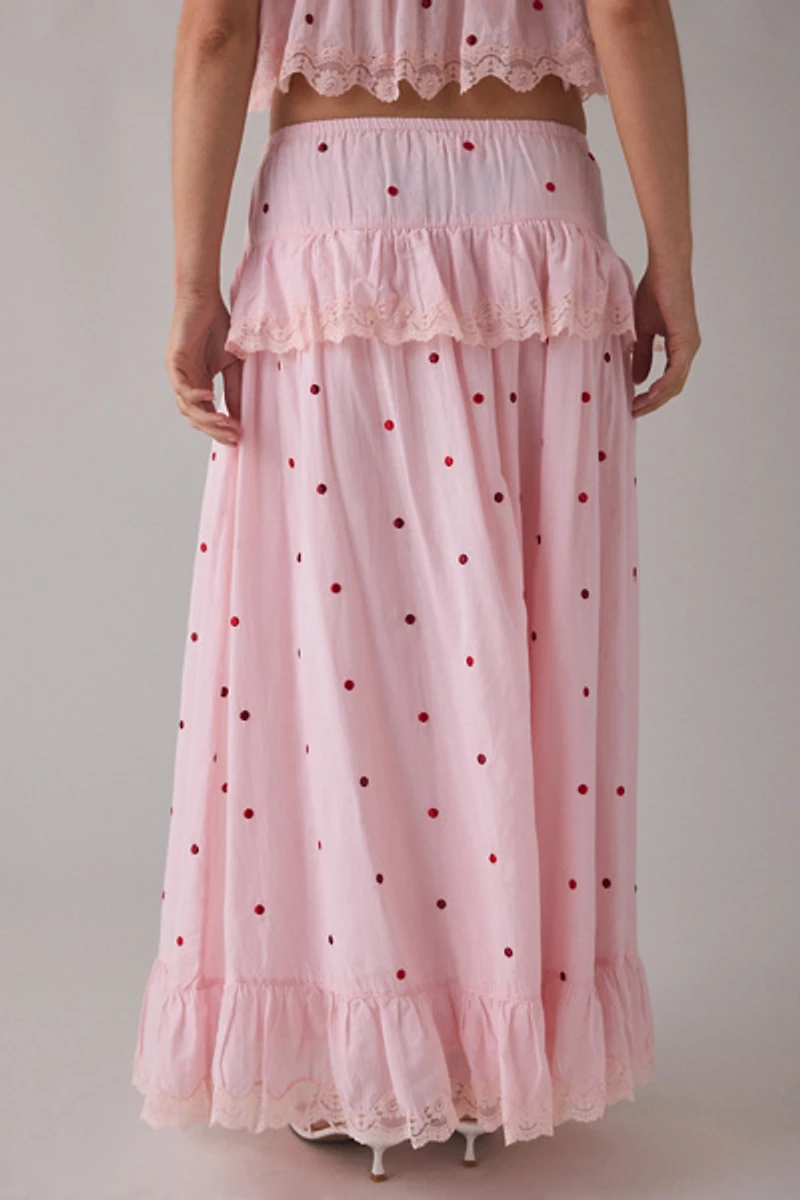 RAHI Embroidered Polka Dot Ruffle Tiered Maxi Skirt
