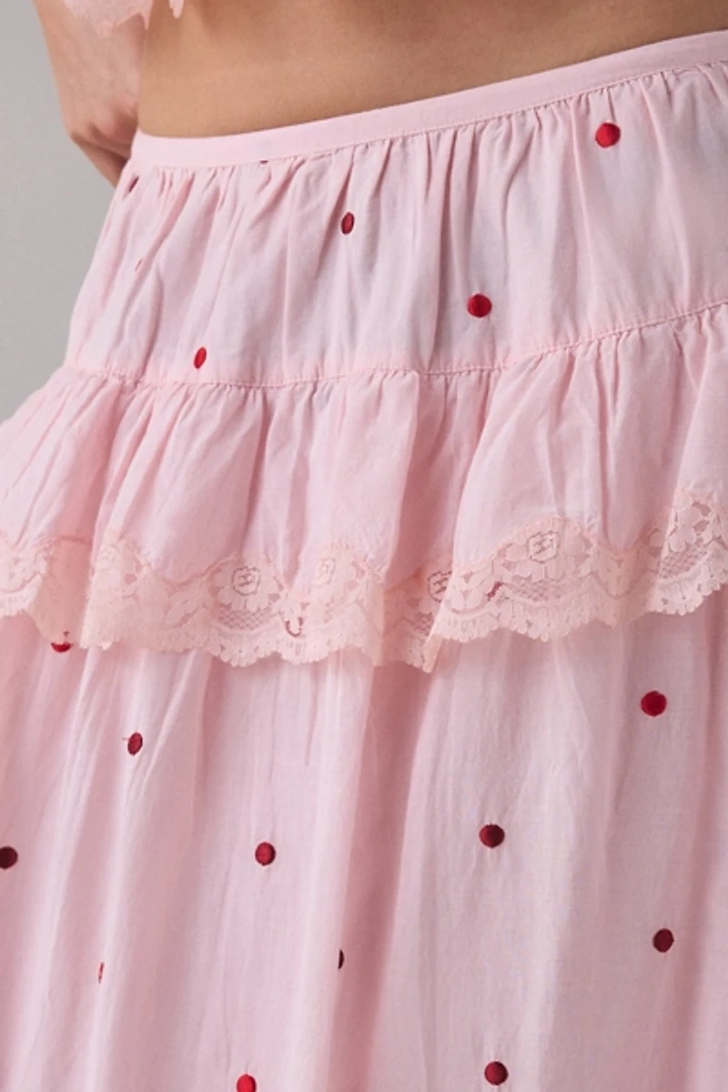 RAHI Embroidered Polka Dot Ruffle Tiered Maxi Skirt
