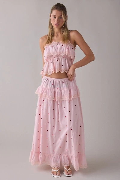 RAHI Embroidered Polka Dot Ruffle Tiered Maxi Skirt