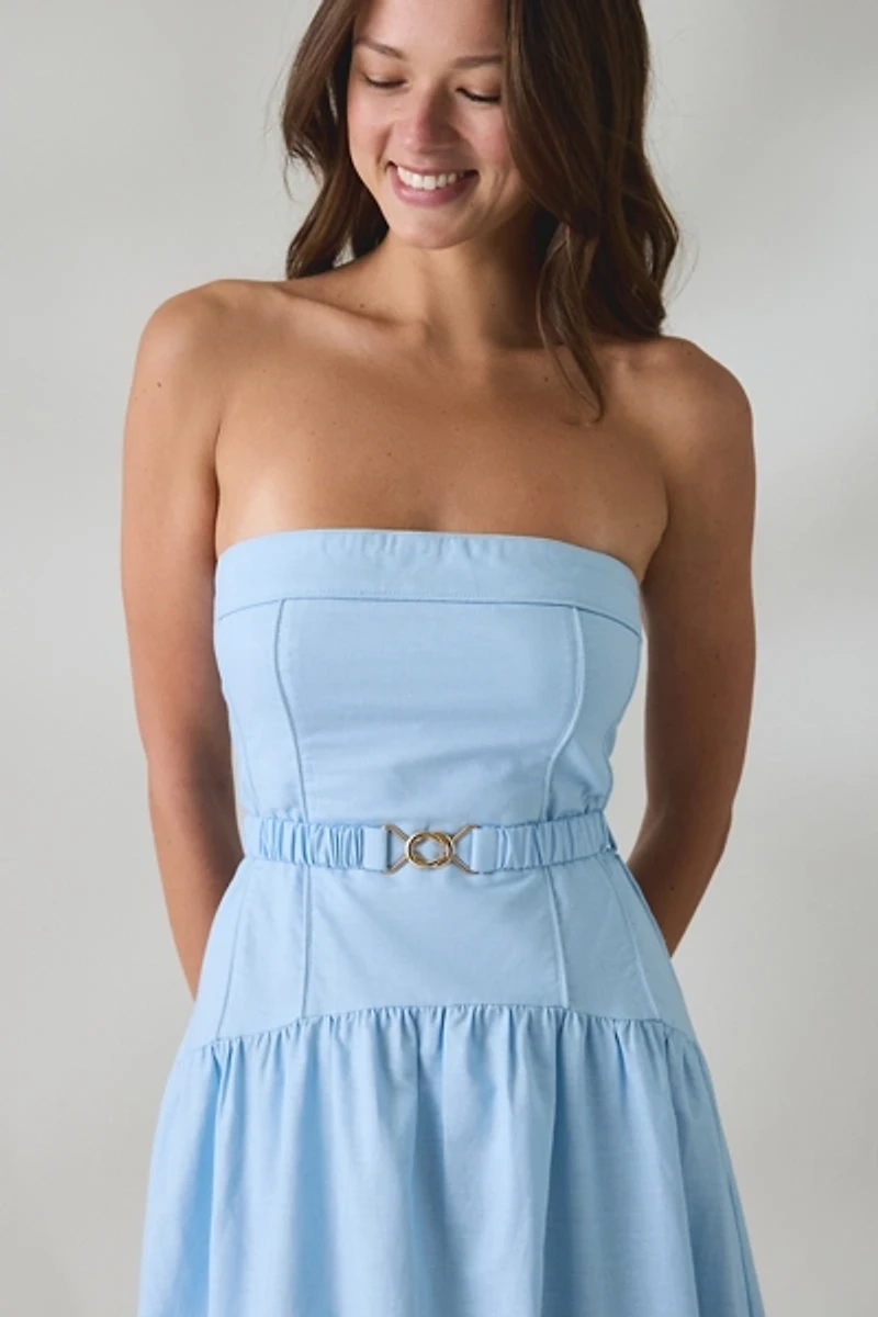 MINKPINK Ines Belted Drop Waist Strapless Midi Dress