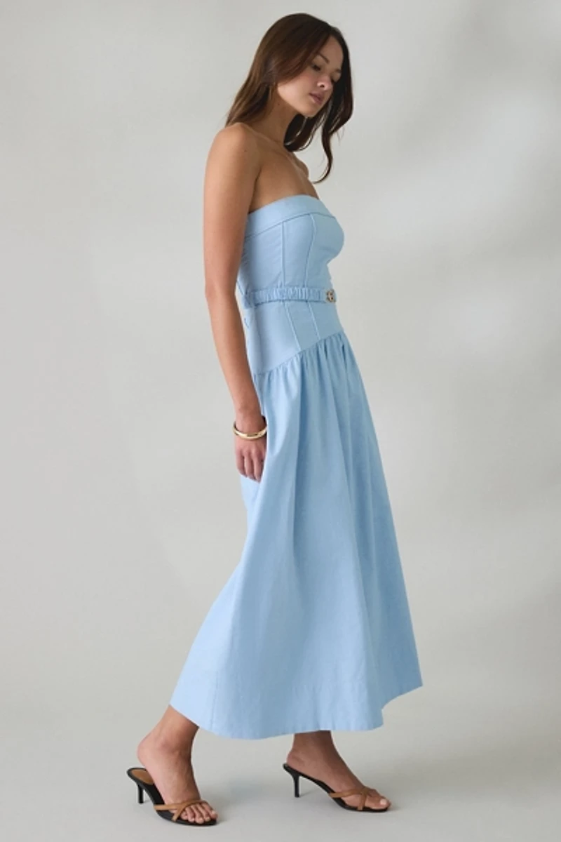 MINKPINK Ines Belted Drop Waist Strapless Midi Dress