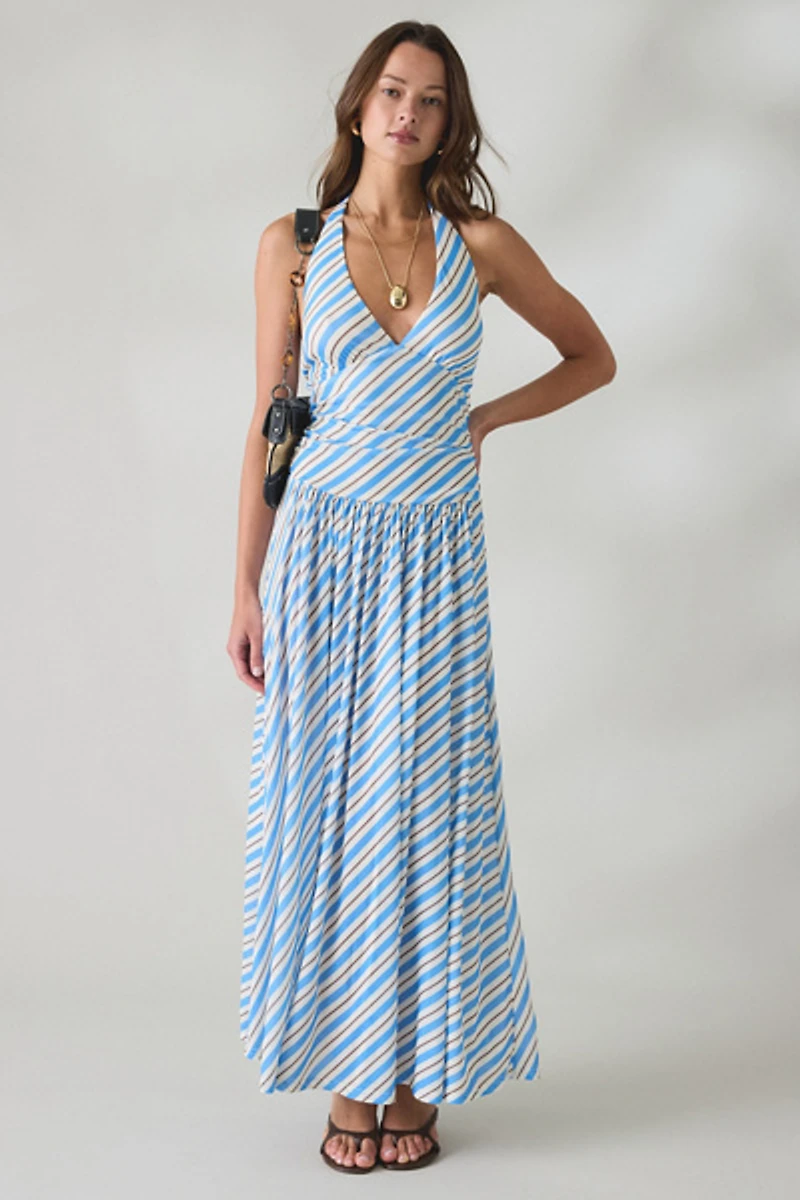MINKPINK Sanica Striped Mesh Halter Neck Maxi Dress
