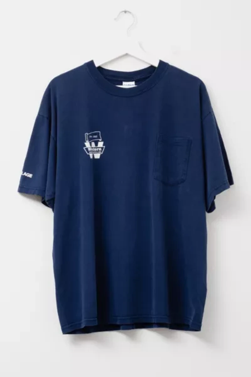 Vintage Y2K Distressed W Graphic Navy Blue Pocket T-Shirt