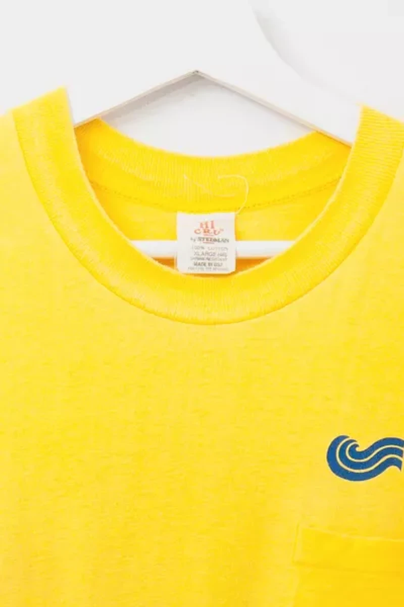Vintage 1980s Distressed Diamond River Yellow Graphic Pocket T-Shirt Made in USA
