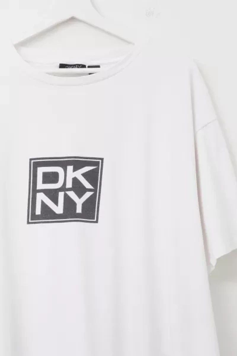 Vintage 1990s Distressed DKNY White Graphic Box Logo T-Shirt Made in USA