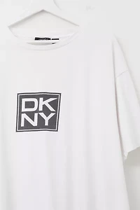 Vintage 1990s Distressed DKNY White Graphic Box Logo T-Shirt Made in USA