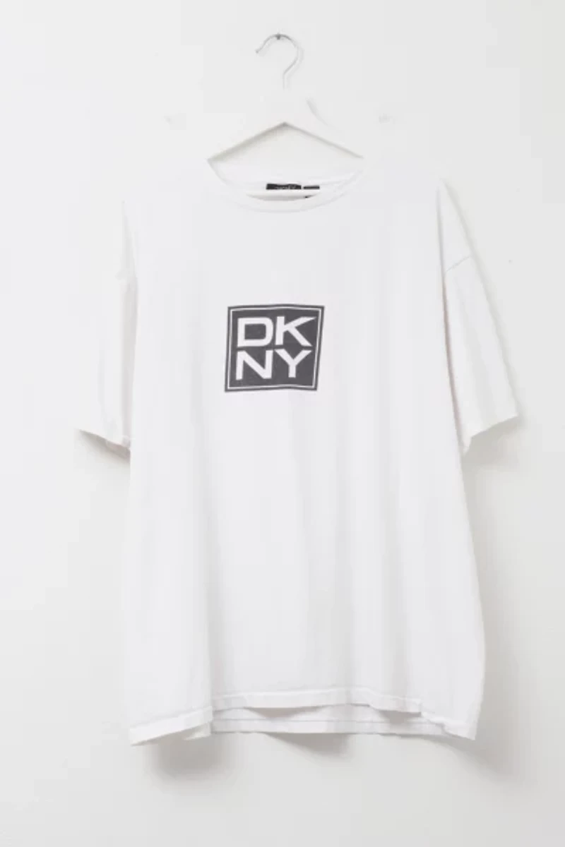 Vintage 1990s Distressed DKNY White Graphic Box Logo T-Shirt Made in USA