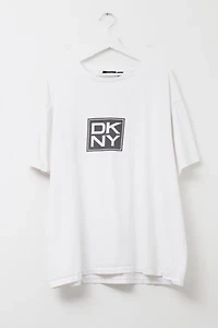 Vintage 1990s Distressed DKNY White Graphic Box Logo T-Shirt Made in USA