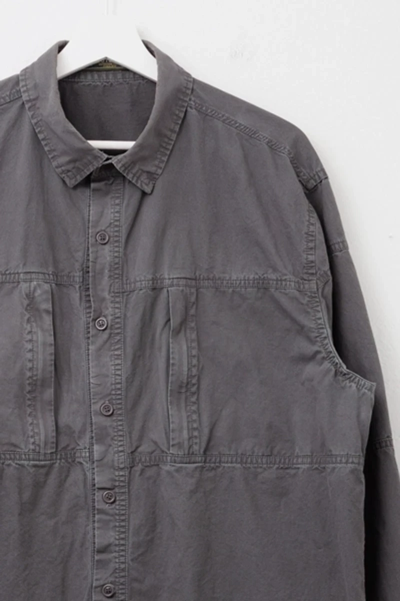 Vintage Y2K Distressed Gray Cotton Technical Zipper Pocket Long Sleeve Shirt