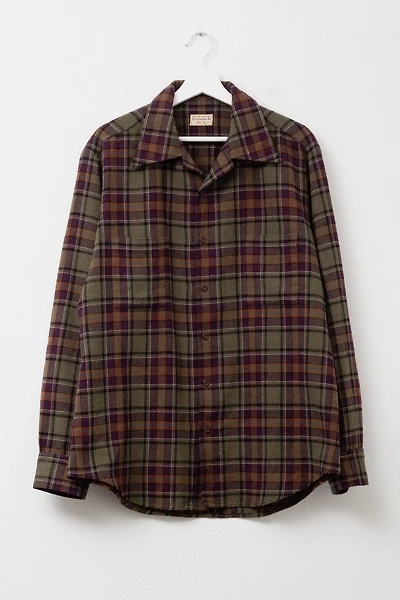 Vintage 1960s Green Purple Wool Plaid Button Up Shirt Made in USA