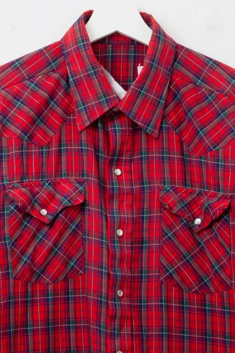 Vintage 1970s Distressed Red Plaid Pearl Button Western Shirt