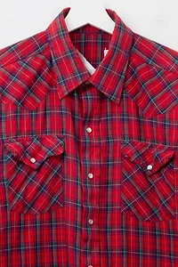 Vintage 1970s Distressed Red Plaid Pearl Button Western Shirt