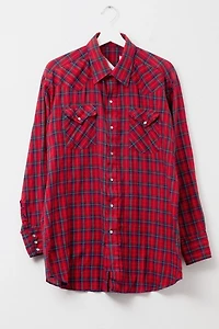 Vintage 1970s Distressed Red Plaid Pearl Button Western Shirt