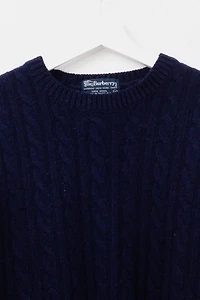 Vintage 1980s Burberry Navy Blue Cable Knit Wool Sweater