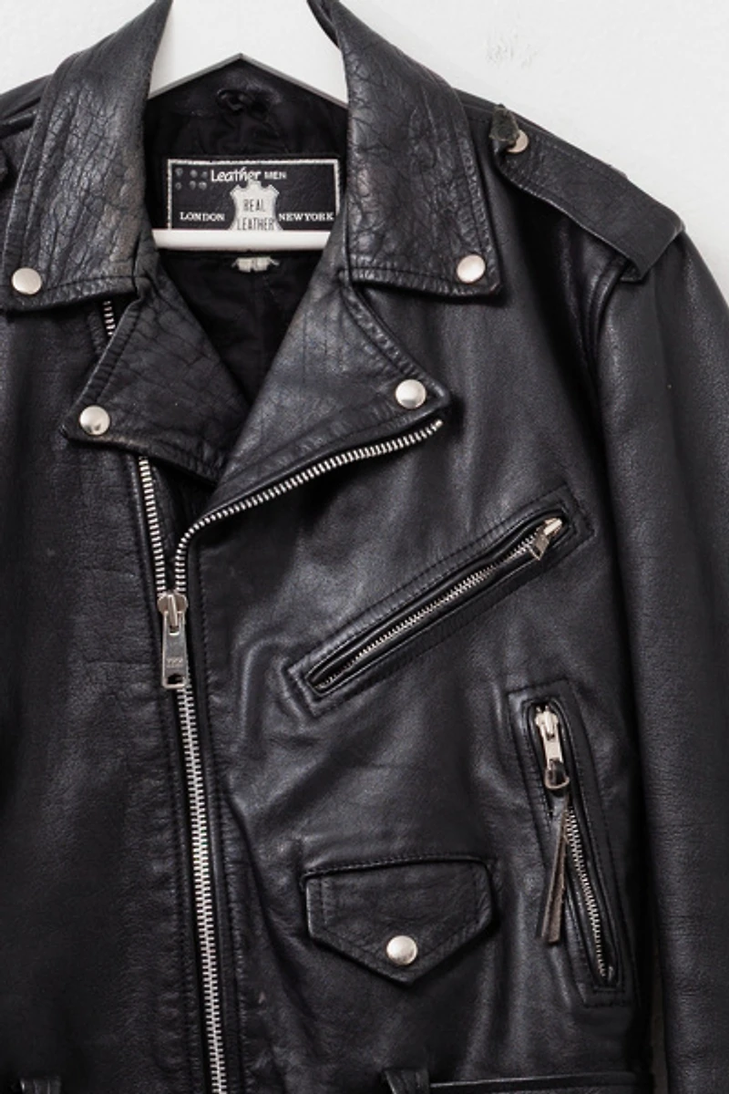 Vintage 1980s Distressed Black Leather Biker Jacket
