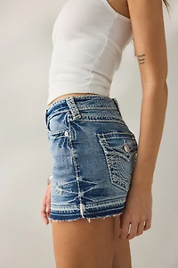 True Religion Sadie Super T Flap Denim Mini Skirt