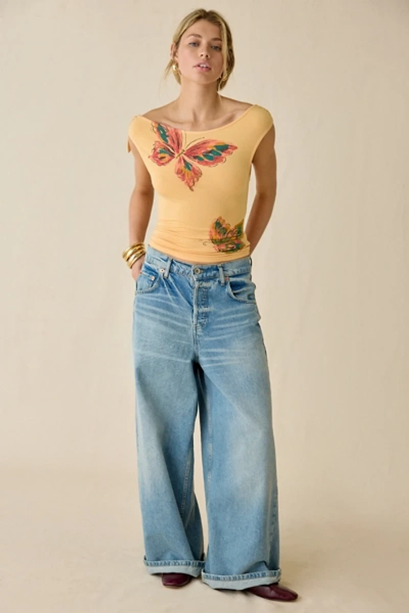 UO Kiss Me Later Graphic Asymmetric Off-The-Shoulder Top