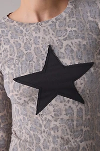 BDG Star Applique Graphic Leopard Print Long Sleeve Spill The Tee