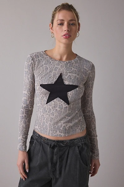 BDG Star Applique Graphic Leopard Print Long Sleeve Spill The Tee