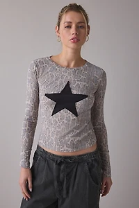 BDG Star Applique Graphic Leopard Print Long Sleeve Spill The Tee