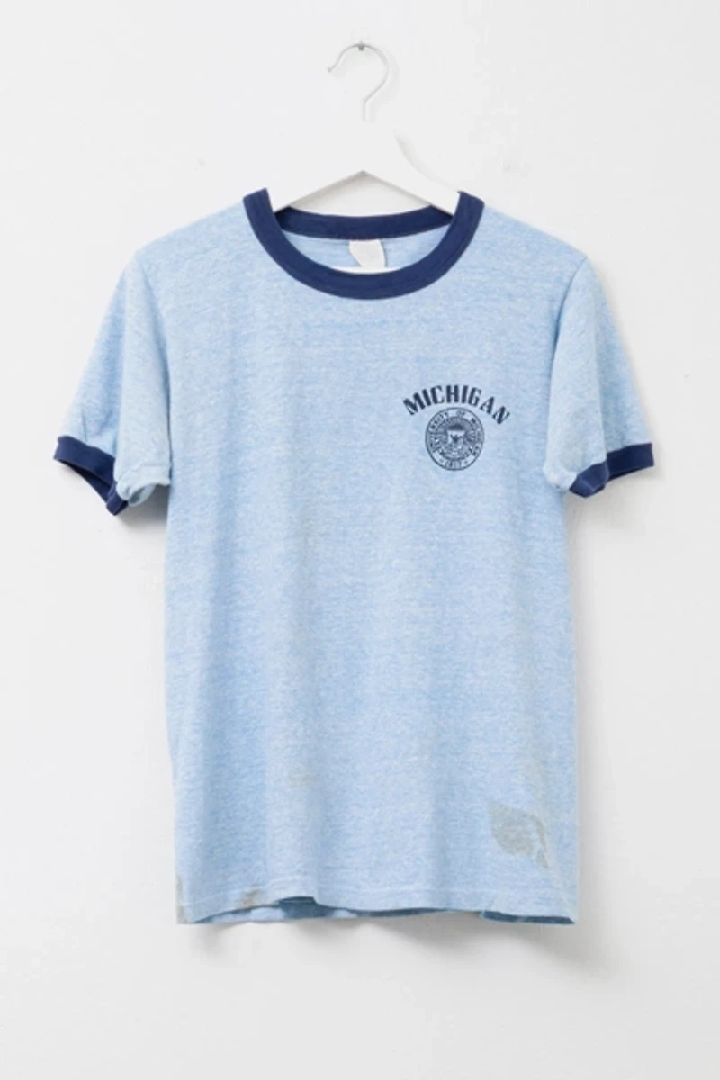 Vintage 1960s University of Michigan Distressed Blue Ringer T-Shirt Made in USA