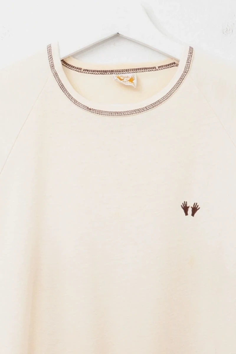 Vintage 1980s Distressed Hands Off Embroidered Brown T-Shirt