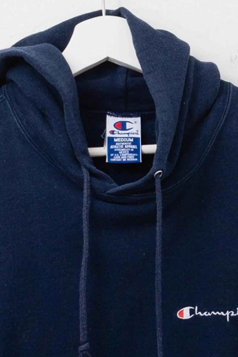 Vintage 1990s Champion Embroidered Script Logo Pullover Navy Blue Hoodie Sweatshirt