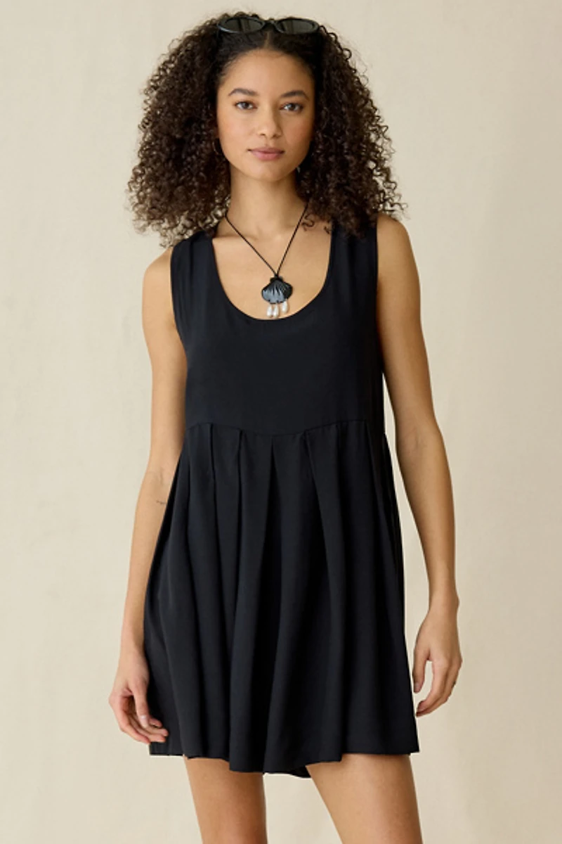 UO Popover Pleated Babydoll Mini Dress