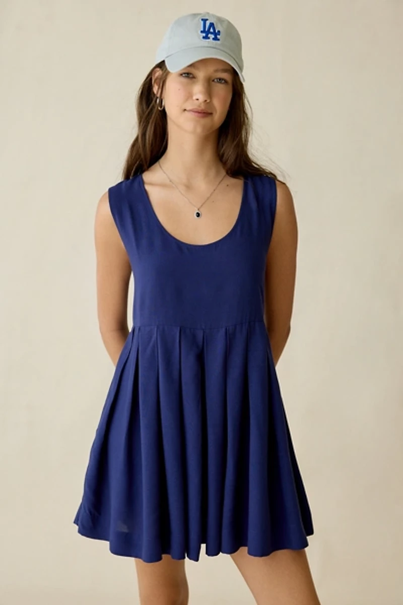 UO Popover Pleated Babydoll Mini Dress