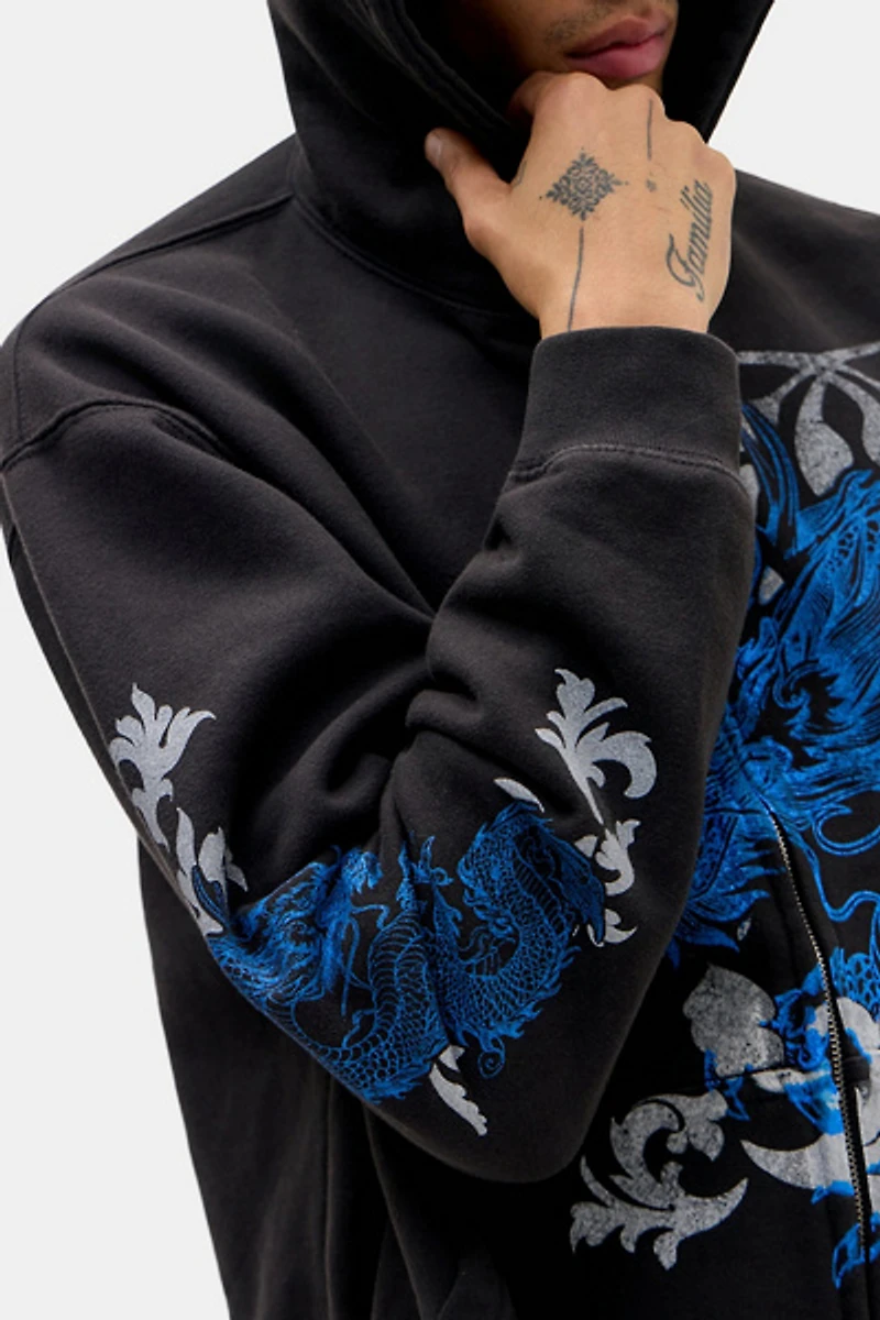 Dragon Graphic Washed Zip-Up Hoodie Sweatshirt