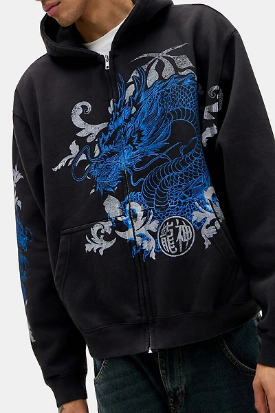 Dragon Graphic Washed Zip-Up Hoodie Sweatshirt
