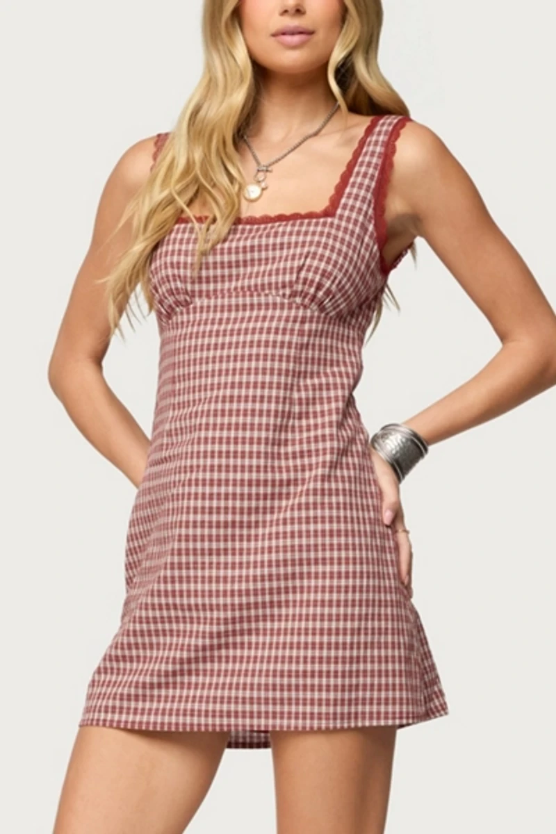 Edikted Clarren Lacey Gingham Mini Dress