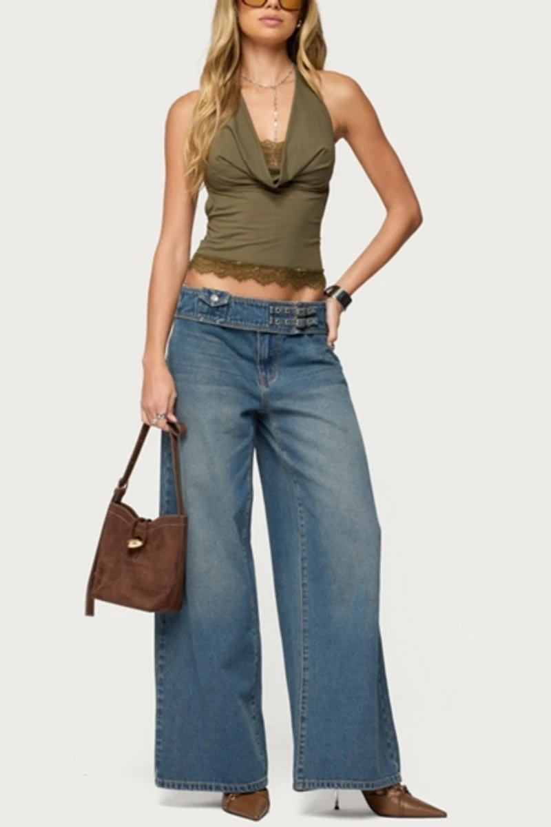 Edikted Double Buckle Low Rise Baggy Jeans