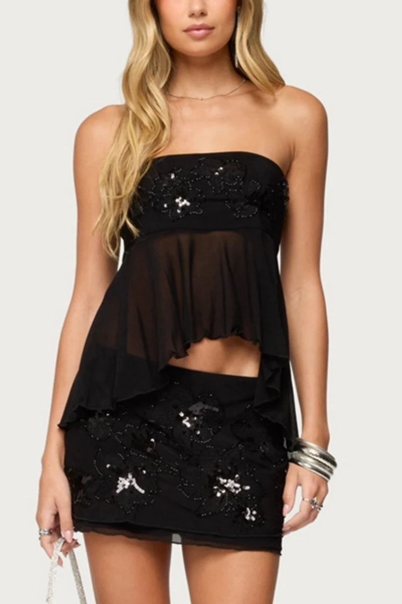 Edikted Steffie Strapless Beaded Mesh Top