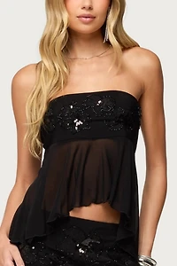Edikted Steffie Strapless Beaded Mesh Top