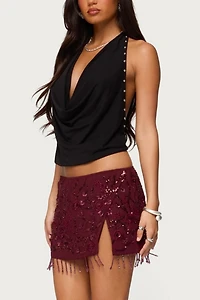 Edikted Chiffon Sequin Bead Fringed Mini Skirt