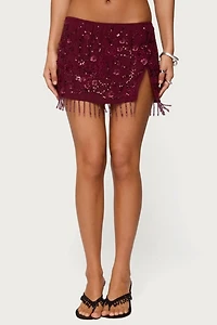 Edikted Chiffon Sequin Bead Fringed Mini Skirt