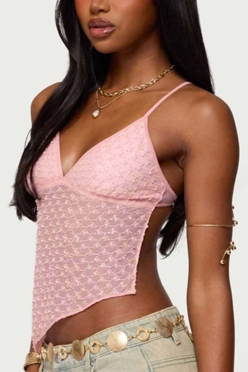 Edikted Beaded Mesh Asymmetric Backless Top