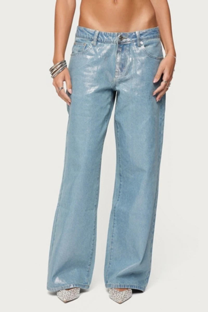 Edikted Jenney Shiny Low Rise Baggy Jeans