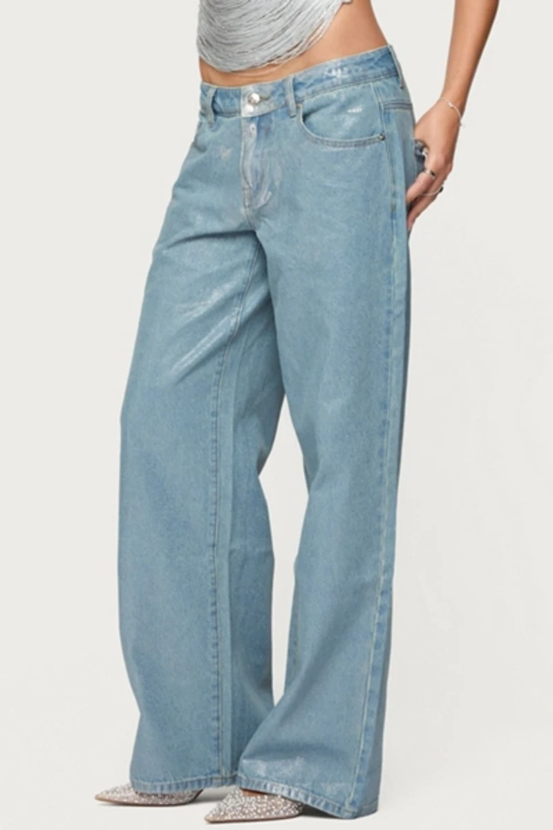 Edikted Jenney Shiny Low Rise Baggy Jeans