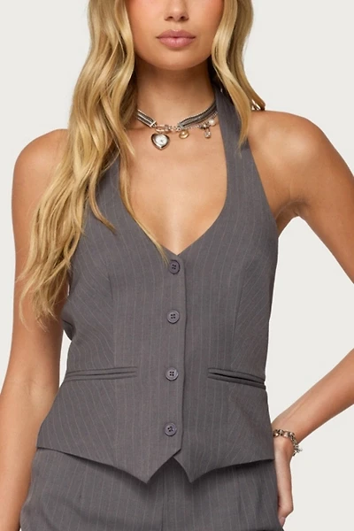 Edikted Riya Pinstripe Button Up Halter Top