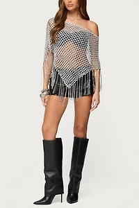 Edikted Evette Fringe Open Knit Metallic Poncho