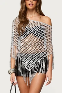 Edikted Evette Fringe Open Knit Metallic Poncho