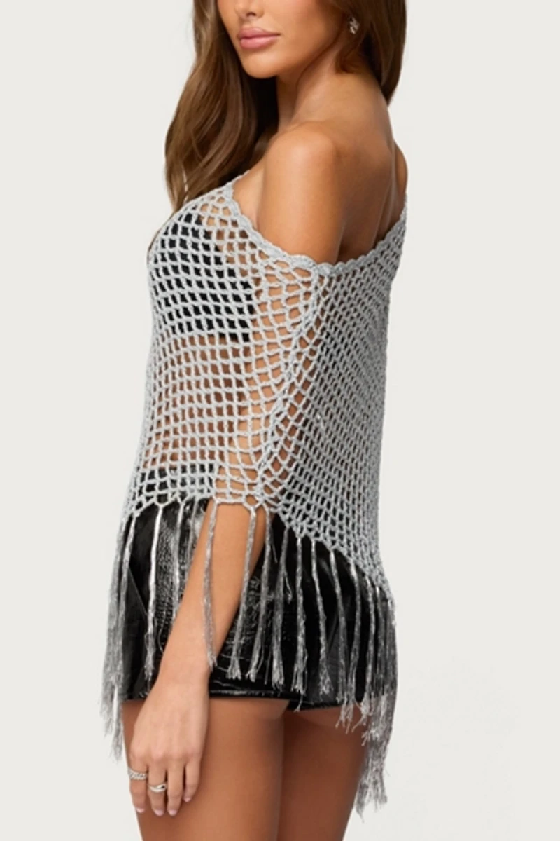Edikted Evette Fringe Open Knit Metallic Poncho