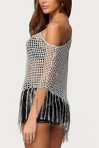 Edikted Evette Fringe Open Knit Metallic Poncho