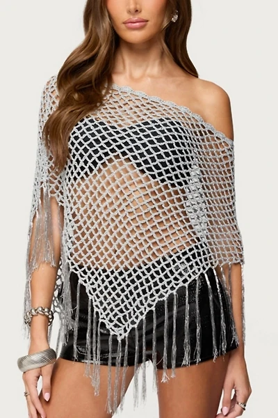 Edikted Evette Fringe Open Knit Metallic Poncho