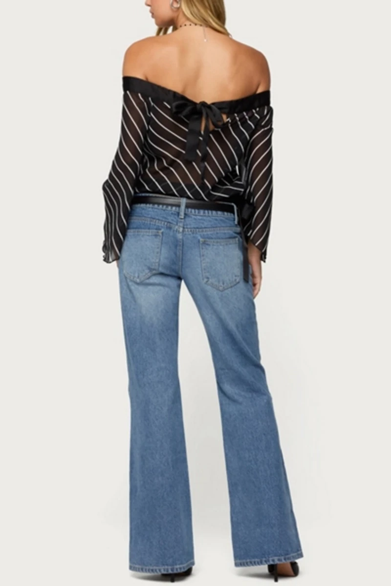 Edikted Diagonal Striped Off Shoulder Chiffon Top